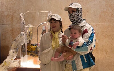 Israeli street artists Nitzan Mintz, left, and Dede Bandaid, right, in front of a sculpture commemorating the effort to release the Israeli hostages held in Gaza, at the Museum of Jewish Heritage in New York City, October 7, 2026. (Agatha Khishchenko/Times of Israel) Israeli street artists Nitzan Mintz, left, and Dede Bandaid, right, in front of a sculpture commemorating the effort to release the Israeli hostages held in Gaza, at the Museum of Jewish Heritage in New York City, October 7, 2026. (Agatha Khishchenko/Times of Israel)