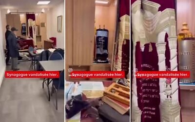 Footage posted to social media shows the vandalized "Ohalei Yaakov" synagogue in Paris, October 18, 2026. (Screenshots/social media: used in accordance with Clause 27a of the Copyright Law)