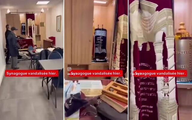 Footage posted to social media shows the vandalized "Ohalei Yaakov" synagogue in Paris, October 18, 2026. (Screenshots/social media: used in accordance with Clause 27a of the Copyright Law)