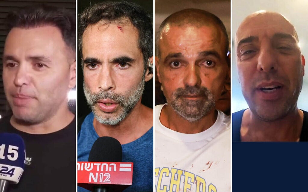 L-R: Dr. Shota Musayev, Asaf Rajuan, Yaniv Hayun, Tzvika Manes, who played key roles in thwarting an alleged attempt by the copilot to crash a flydubai plane, on September 30, 2026. (Screenshot/i24, Jack GUEZ/AFP, AP Photo/Tomer Appelbaum, Screenshot/Channel 12)