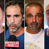 L-R: Dr. Shota Musayev, Asaf Rajuan, Yaniv Hayoun, Tzvika Manes, who played key roles in thwarting an alleged attempt by the copilot to crash a flydubai plane, on September 30, 2026. (Screenshot/i24, Jack GUEZ/AFP, AP Photo/Tomer Appelbaum, Screenshot/Channel 12)