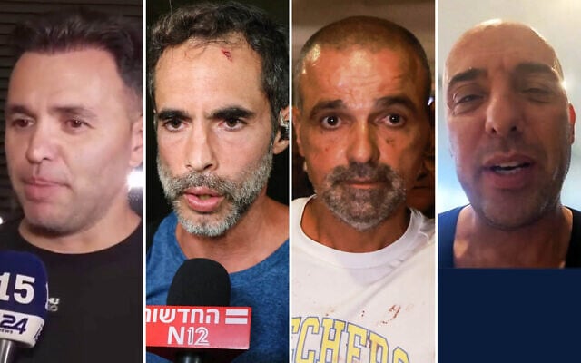 L-R: Dr. Shota Musayev, Asaf Rajuan, Yaniv Hayun, Tzvika Manes, who played key roles in thwarting an alleged attempt by the copilot to crash a flydubai plane, on September 30, 2026. (Screenshot/i24, Jack GUEZ/AFP, AP Photo/Tomer Appelbaum, Screenshot/Channel 12)