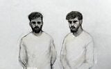 Court artist sketch by Elizabeth Cook of Iranian nationals Salam Ahmadyan, left, and Rahman Salehi, 34, who are charged with preparation for terrorist acts over an alleged bomb plot against the Jewish community in Manchester. (Elizabeth Cook/PA via AP)