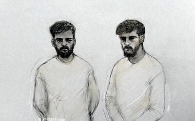 Court artist sketch by Elizabeth Cook of Iranian nationals Salam Ahmadyan, left, and Rahman Salehi, 34, who are charged with preparation for terrorist acts over an alleged bomb plot against the Jewish community in Manchester. (Elizabeth Cook/PA via AP) Court artist sketch by Elizabeth Cook of Iranian nationals Salam Ahmadyan, left, and Rahman Salehi, 34, who are charged with preparation for terrorist acts over an alleged bomb plot against the Jewish community in Manchester. (Elizabeth Cook/PA via AP)