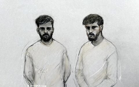 Court artist sketch by Elizabeth Cook of Iranian nationals Salam Ahmadyan, left, and Rahman Salehi, 34, who are charged with preparation for terrorist acts over an alleged bomb plot against the Jewish community in Manchester. (Elizabeth Cook/PA via AP)