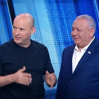 Opposition party leaders Naftali Bennett of B'Yachad (left) and Gadi Eisenkot of Yashar (right) cross paths in the Channel 12 News on October 24, 2026, three days before elections. (Channel 12 Screenshot)