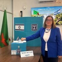 Israeli Ambassador to Zambia Ofra Farhi casts her ballot at the Israeli Embassy in Lusaka, during early voting for Israel’s 26th Knesset elections, October 15, 2026. (Foreign Ministry)