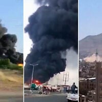 Footage posted to social media shows an oil fire burning and smoke rising from an additional location after reported Saudi airstrikes in Sanaa, Yemen on October 13, 2026. (Social media: used in accordance with Clause 27a of the Copyright Law)