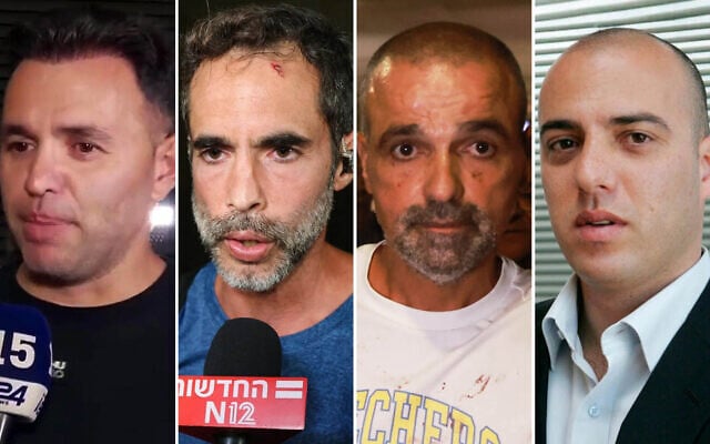 L-R: Dr. Shota Musayev, Asaf Rajuan, Yaniv Hayun, Tzvika Manes, who played key roles in thwarting an alleged attempt by the copilot to crash a flydubai plane, on September 30, 2026. (Screenshot/i24, Jack GUEZ/AFP, AP Photo/Tomer Appelbaum, Courtesy)