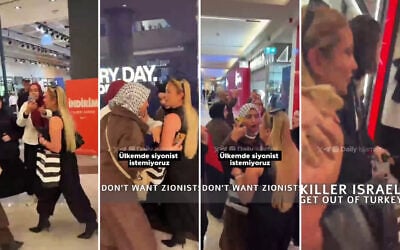 A Turkish-Israeli woman is seen being accosted in an Istanbul mall on October 18, 2026, in videos posted to social media (Screencapture/ used in accordance with Clause 27a of the Copyright Law)