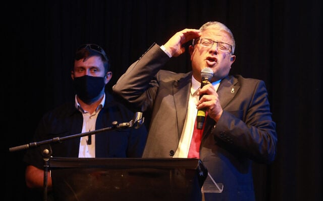 National Security Minister Itamar Ben Gvir speaks at an election event hosted by the Tel Aviv International Salon on October 12, 2026. (Yael Ilinsky/Tel Aviv International Salon)