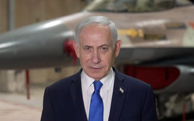 Prime Minister Benjamin Netanyahu speaks from an unnamed airbase in Israel, October 19, 2026. (Screenshot/PMO)