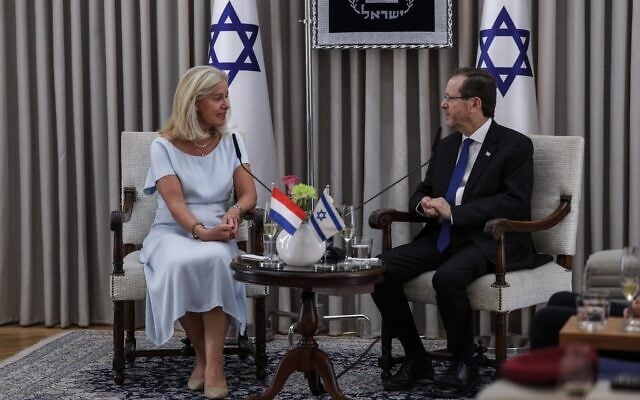 Dutch Ambassador to Israel Stella Ronner-Grubacic, left, presents her diplomatic credentials to President Isaac Herzog at the President’s Residence in Jerusalem, October 26, 2026. (Hilel Ben Or) Dutch Ambassador to Israel Stella Ronner-Grubacic, left, presents her diplomatic credentials to President Isaac Herzog at the President’s Residence in Jerusalem, October 26, 2026. (Hilel Ben Or)