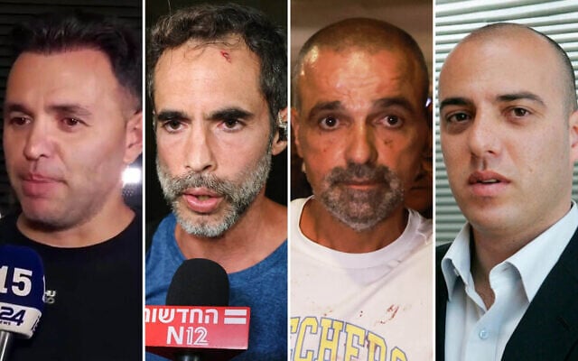 L-R: Dr. Shota Musayev, Asaf Rajuan, Yaniv Hayun, Tzvika Manes, who played key roles in thwarting an alleged attempt by the copilot to crash a flydubai plane, on September 30, 2026. (Screenshot/i24, Jack GUEZ/AFP, AP Photo/Tomer Appelbaum, Courtesy)