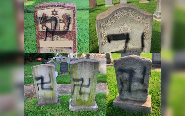 Graves vandalized with swastikas at Ohr Knesseth Israel Anshe Sfard Cemetery in Maryland in July 2023 (US Attorney's Office of Maryland) Graves vandalized with swastikas at Ohr Knesseth Israel Anshe Sfard Cemetery in Maryland in July 2023 (US Attorney's Office of Maryland)