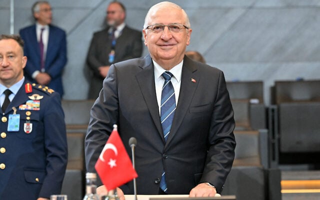 Turkey’s Defense Minister Yasar Guler poses as he arrives for a NATO Defense Ministers meeting at the NATO headquarters, in Brussels, on June 5, 2025. (NICOLAS TUCAT/AFP) Turkey’s Defense Minister Yasar Guler poses as he arrives for a NATO Defense Ministers meeting at the NATO headquarters, in Brussels, on June 5, 2025. (NICOLAS TUCAT/AFP)