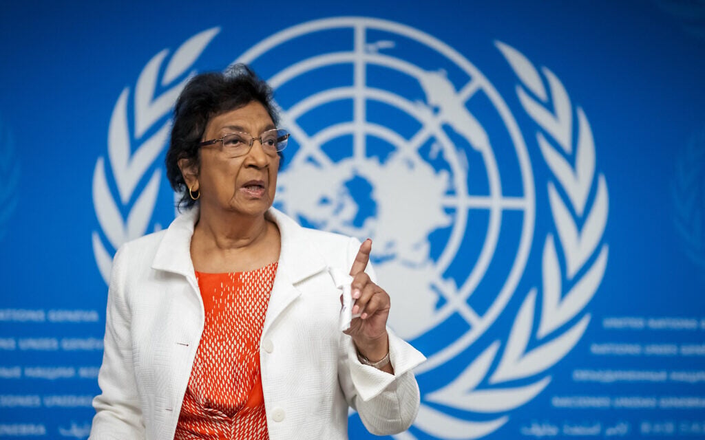 Chair of the Independent International Commission of Inquiry on the Occupied Palestinian Territory, including East Jerusalem, and Israel, South African judge Navi Pillay, gestures after a press conference in Geneva on September 16, 2025. (Fabrice Coffrini/AFP)