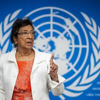 Chair of the Independent International Commission of Inquiry on the Occupied Palestinian Territory, including East Jerusalem, and Israel, South African judge Navi Pillay, gestures after a press conference in Geneva on September 16, 2025. (Fabrice Coffrini/AFP)