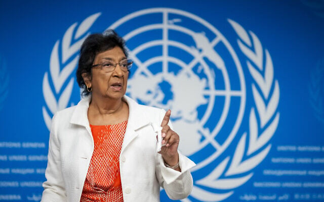 Chair of the Independent International Commission of Inquiry on the Occupied Palestinian Territory, including East Jerusalem, and Israel, South African judge Navi Pillay, gestures after a press conference in Geneva on September 16, 2025. (Fabrice Coffrini/AFP) Chair of the Independent International Commission of Inquiry on the Occupied Palestinian Territory, including East Jerusalem, and Israel, South African judge Navi Pillay, gestures after a press conference in Geneva on September 16, 2025. (Fabrice Coffrini/AFP)