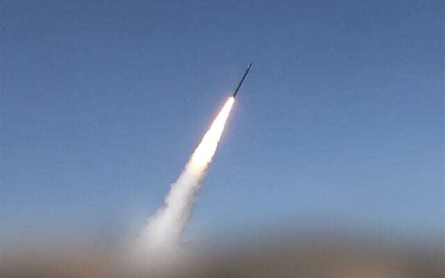 This screen grab taken from video footage released on August 9, 2026, by Ansarullah Media Centre shows a missile being launched toward what the Houthi authorities said were Saudi troop concentrations and weapons depots at Mokha port in western Yemen. (ANSARULLAH MEDIA CENTRE/AFP)