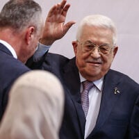 Palestinian President Mahmoud Abbas attends the foundation stone ceremony of the Innovation and Excellence Compound in the West Bank city of Ramallah on September 9, 2026. (Zain JAAFAR/AFP)