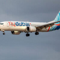 A flydubai Boeing 737 MAX 8 aircraft prepares for landing at Ben Gurion Airport in Lod on September 30, 2026. (Jack Guez/AFP)