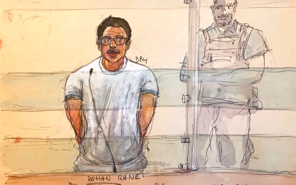 This courtroom sketch made on October 5, 2026 shows Indian national Rohan Rane (L) appearing during his trial for having run a masculinist discussion group and over allegedly forcing minors in which young girls, most of them minors, were forced to engage in sexual acts online and to mutilate themselves, at the assizes courthouse in Paris. (Benoit PEYRUCQ/AFP)