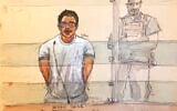 This courtroom sketch made on October 5, 2026 shows Indian national Rohan Rane (L) appearing during his trial for having run a masculinist discussion group and over allegedly forcing minors in which young girls, most of them minors, were forced to engage in sexual acts online and to mutilate themselves, at the assizes courthouse in Paris. (Benoit PEYRUCQ/AFP)