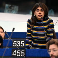 French-Palestinian member of the European Parliament Rima Hassan speaks during a session at the European Parliament in Strasbourg, on October 6, 2026. (Jean-Christophe VERHAEGEN/AFP)