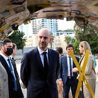 France’s Foreign Minister Jean-Noel Barrot visits Hostages Square in Tel Aviv on October 7, 2026. (Jack GUEZ/AFP)