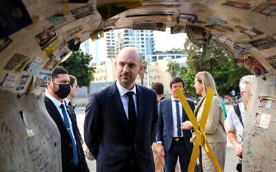 France’s Foreign Minister Jean-Noel Barrot visits Hostages Square in Tel Aviv on October 7, 2026. (Jack GUEZ/AFP)