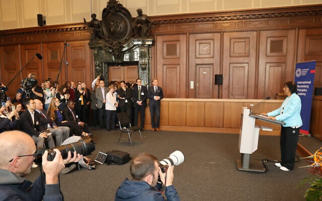 South African lawyer Navi Pillay (R) addresses journalists after she was awarded the 2026 Nobel Peace Prize, on October 9, 2026 at the historic Courtroom 600 of Nuremberg’s Palace of Justice, venue of the 1945-1946 Nuremberg Trials against leaders of defeated Nazi Germany, in Nuremberg, southern Germany, where she was attending the Nuremberg Forum 2026 conference of the International Nuremberg Principles Academy. (Frank Boxler/AFP)
