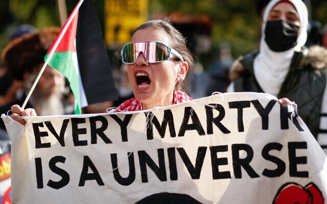 People attend a demonstration in support of the Palestinian people, in New York City on October 10, 2026. (kena betancur/AFP)