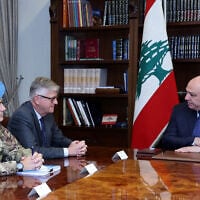 This handout photograph released by the Lebanese Presidency press office on October 14, 2026, shows Lebanon’s President Joseph Aoun (R) meeting with United Nations’ Under-Secretary-General for Peace Operations, Jean-Pierre Lacroix (C), and Head of Mission and Force Commander of the United Nations Interim Force in Lebanon (UNIFIL), Major General Diodato Abagnara, at the presidential palace in Baabda. (Lebanese Presidency/AFP)