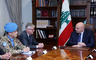 This handout photograph released by the Lebanese Presidency press office on October 14, 2026, shows Lebanon’s President Joseph Aoun (R) meeting with United Nations’ Under-Secretary-General for Peace Operations, Jean-Pierre Lacroix (C), and Head of Mission and Force Commander of the United Nations Interim Force in Lebanon (UNIFIL), Major General Diodato Abagnara, at the presidential palace in Baabda. (Lebanese Presidency/AFP)