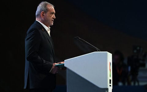 Iranian President Masoud Pezeshkian delivers a speech during the leaders’ summit of the 17th meeting of the Conference of the Parties (COP 17) to the Convention on Biological Diversity (CBD), in the Armenian capital of Yerevan on October 16, 2026. (AFP)