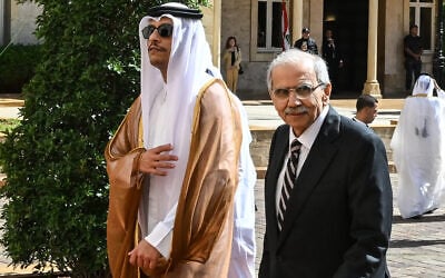 Lebanon’s Prime Minister Nawaf Salam (R) and Qatar’s Prime Minister and Foreign Minister Sheikh Mohammed bin Abdulrahman bin Jassim Al-Thani arrive at the Governmental Palace during an official visit in Beirut on October 16, 2026. (JOSEPH EID/AFP) Lebanon’s Prime Minister Nawaf Salam (R) and Qatar’s Prime Minister and Foreign Minister Sheikh Mohammed bin Abdulrahman bin Jassim Al-Thani arrive at the Governmental Palace during an official visit in Beirut on October 16, 2026. (JOSEPH EID/AFP)