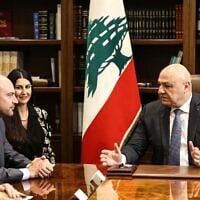Lebanese President Joseph Aoun (R) speaks with France’s Foreign Affairs Minister Jean-Noel Barrot (L) at the Presidential Palace in Baabda on October 17, 2026. (Anwar AMRO/AFP)