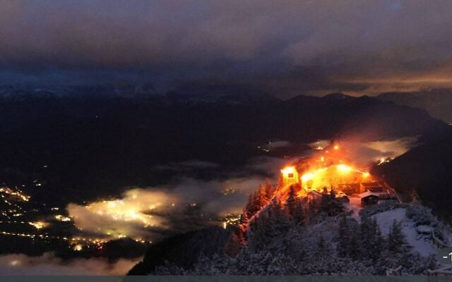 Video grab taken from the webcam of the mountain guesthouse Kehlsteinhaus, known as the Eagle’s Nest, formerly Adolf Hitler’s mountain retreat, on early October 24, 2026, after a large fire had broken out at the site located at an altitude of 1,834 metres (6,000 feet) in the mountains over Berchtesgaden, in the southern German state of Bavaria. (Berchtesgaden/AFP)