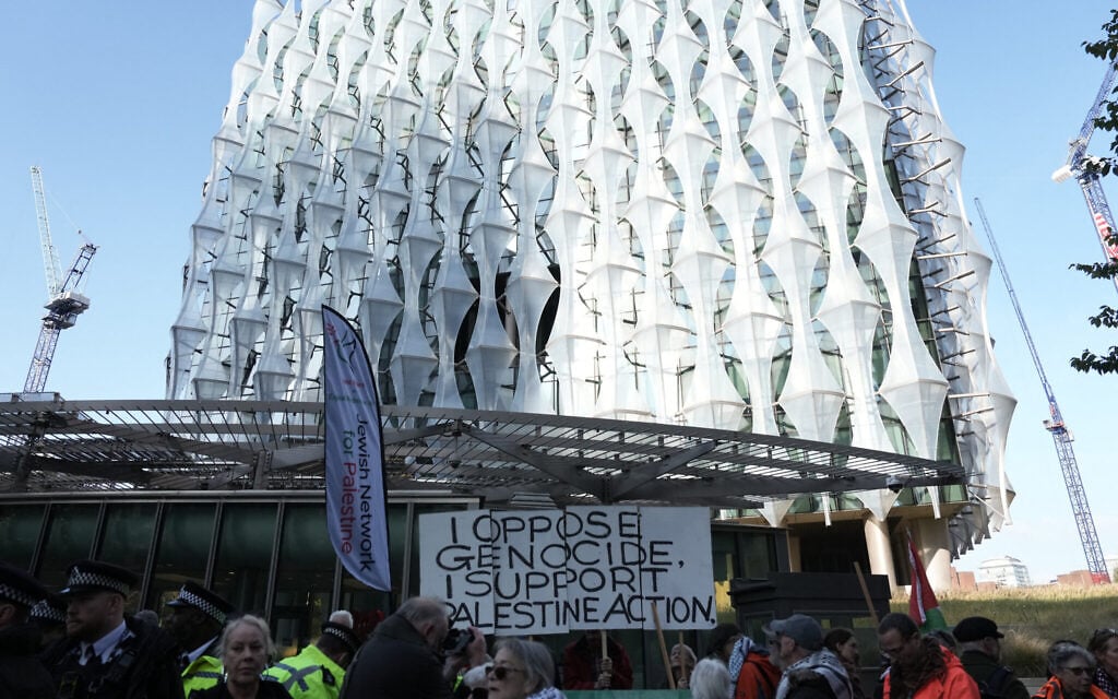 Pro-Palestinian, anti-Israel activists protest in support of Palestine Action, which the UK government has proscribed as a terror group, outside the US Embassy in London on October 31, 2026. (Carlos Jasso/AFP) Pro-Palestinian, anti-Israel activists protest in support of Palestine Action, which the UK government has proscribed as a terror group, outside the US Embassy in London on October 31, 2026. (Carlos Jasso/AFP)
