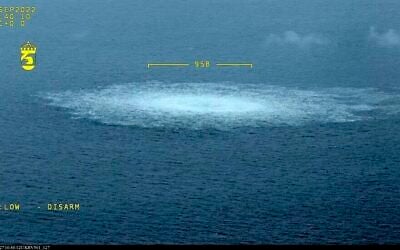 In this picture provided by Swedish Coast Guard, the gas leak in the Baltic Sea from Nord Stream photographed from the Coast Guard’s aircraft on September 27, 2022. (Swedish Coast Guard via AP)