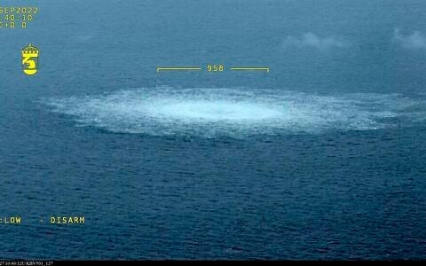 In this picture provided by Swedish Coast Guard, the gas leak in the Baltic Sea from Nord Stream photographed from the Coast Guard’s aircraft on September 27, 2022. (Swedish Coast Guard via AP)