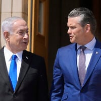 Prime Minister Benjamin Netanyahu (left) and US Secretary of Defense Pete Hegseth talk during an honor cordon ceremony at the Pentagon, July 9, 2025, in Washington. (AP Photo/Mark Schiefelbein) Prime Minister Benjamin Netanyahu (left) and US Secretary of Defense Pete Hegseth talk during an honor cordon ceremony at the Pentagon, July 9, 2025, in Washington. (AP Photo/Mark Schiefelbein)
