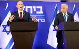Naftali Bennett, left, and Yair Lapid hold a joint press conference announcing they will run together in the upcoming elections, in Herzliya, April 26, 2026. (AP Photo/Ariel Schalit)