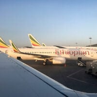 Ethiopian Airlines planes are parked at Bole International Airport in Addis Ababa, Ethiopia, February 11, 2019. (AP/Ben Curtis)
