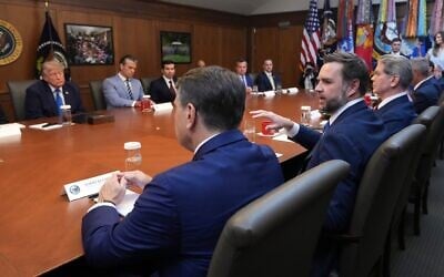 US Vice President JD Vance speaks alongside acting Attorney General Todd Blanche, left, Treasury Secretary Scott Bessent, right, and from left, President Donald Trump, Defense Secretary Pete Hegseth and acting Labor Secretary Keith Sonderling, during a cabinet meeting, July 31, 2026, at Camp David, the presidential retreat, near Thurmont, Maryland, July 31, 2026. (AP Photo/Jacquelyn Martin) US Vice President JD Vance speaks alongside acting Attorney General Todd Blanche, left, Treasury Secretary Scott Bessent, right, and from left, President Donald Trump, Defense Secretary Pete Hegseth and acting Labor Secretary Keith Sonderling, during a cabinet meeting, July 31, 2026, at Camp David, the presidential retreat, near Thurmont, Maryland, July 31, 2026. (AP Photo/Jacquelyn Martin)
