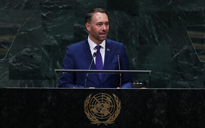 Belgium’s Foreign Minister Maxime Prevot addresses the 81st session of the United Nations General Assembly at UN headquarters, in New York City, September 22, 2026. (AP Photo/Frank Franklin II)