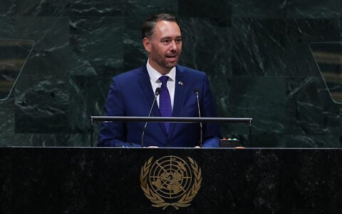 Belgium’s Foreign Minister Maxime Prevot addresses the 81st session of the United Nations General Assembly at UN headquarters, in New York City, September 22, 2026. (AP Photo/Frank Franklin II)