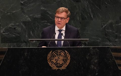 Minister of Foreign Affairs Johann David Wadephul of Germany speaks during the 81st session of the United Nations General Assembly at United Nations headquarters, September 26, 2026. (AP Photo/Heather Khalifa)