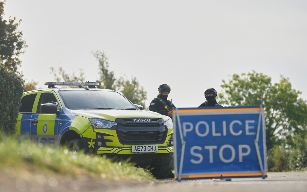 Police guard a road leading to RAF Fairford, in Fairford, England, September 28, 2026. (Alastair Grant/AP) Police guard a road leading to RAF Fairford, in Fairford, England, September 28, 2026. (Alastair Grant/AP)